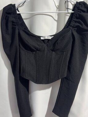 ASTR The Label Betty Puff Long Sleeve Corset Sweetheart Neck Top Black Sz M